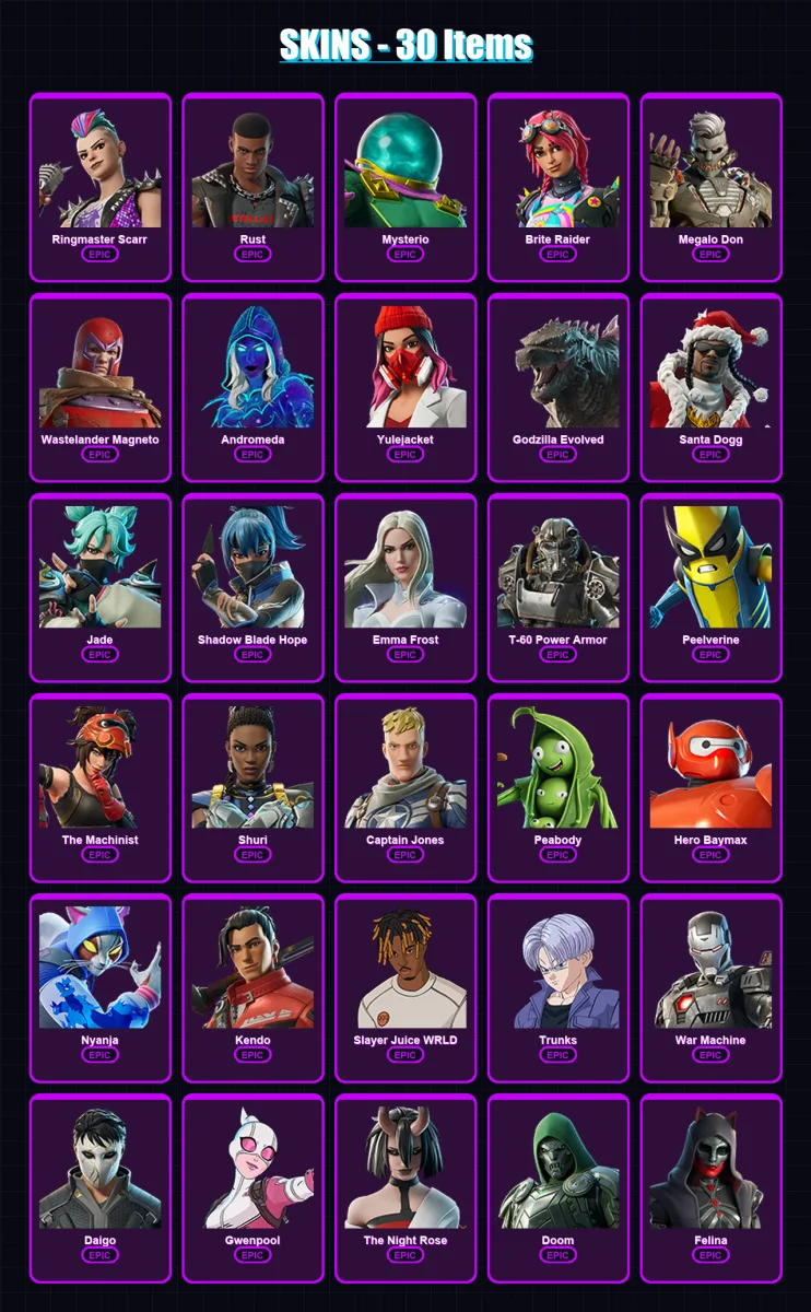 [PC/XBOX/PSN] | Ringmaster Scarr | Rust | Mysterio | Brite Raider | Megalo Don | 30 skin | 54 pickaxe | 34 emote | 37 glider | Lv477