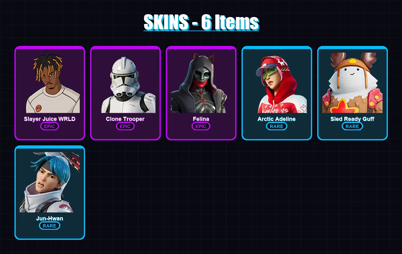 [PC/XBOX] | Slayer Juice WRLD | Clone Trooper | Felina | Arctic Adeline | Sled Ready Guff | 6 skin | 25 pickaxe | 14 emote | 20 glider | Lv355