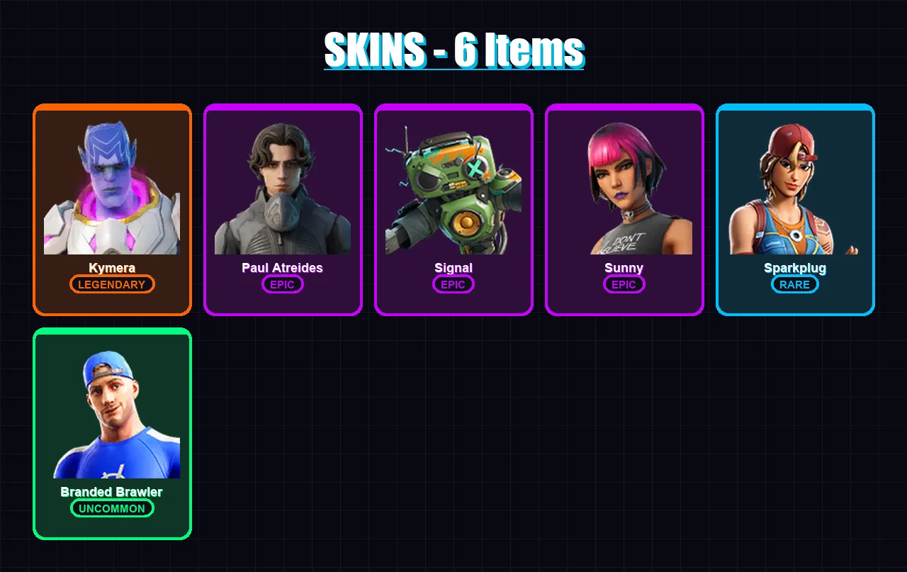 [PC/XBOX/PSN] | Kymera | Paul Atreides | Signal | Sunny | Sparkplug | 6 skin | 6 pickaxe | 11 emote | 14 glider | Lv277