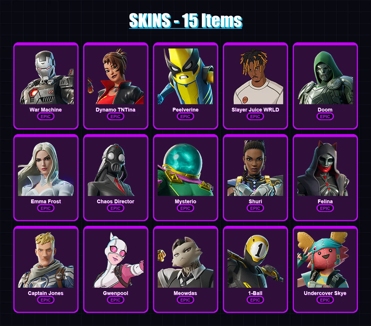[PC/XBOX/PSN] | War Machine | Dynamo TNTina | Peelverine | Slayer Juice WRLD | Doom | 15 skin | 38 pickaxe | 24 emote | 26 glider | Lv536 — Fortnite account