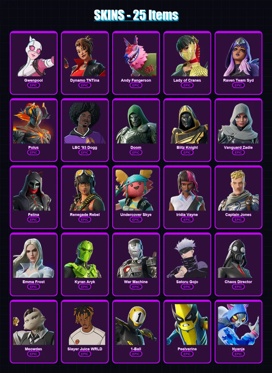 [PS4/PS5/XBOX/PC] | Gwenpool | Dynamo TNTina | Andy Fangerson | Lady of Cranes | Raven Team Syd | 25 skin | 58 pickaxe | 33 emote | 31 glider | Lv31 — Fortnite account