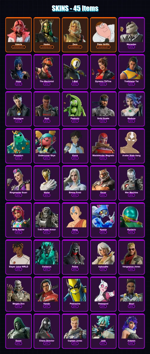 [SWITCH/PSN/PC] | Valeria | Hades | Zeus | Peter Griffin | Meowdas | 45 skin | 71 pickaxe | 54 emote | 60 glider | Lv904