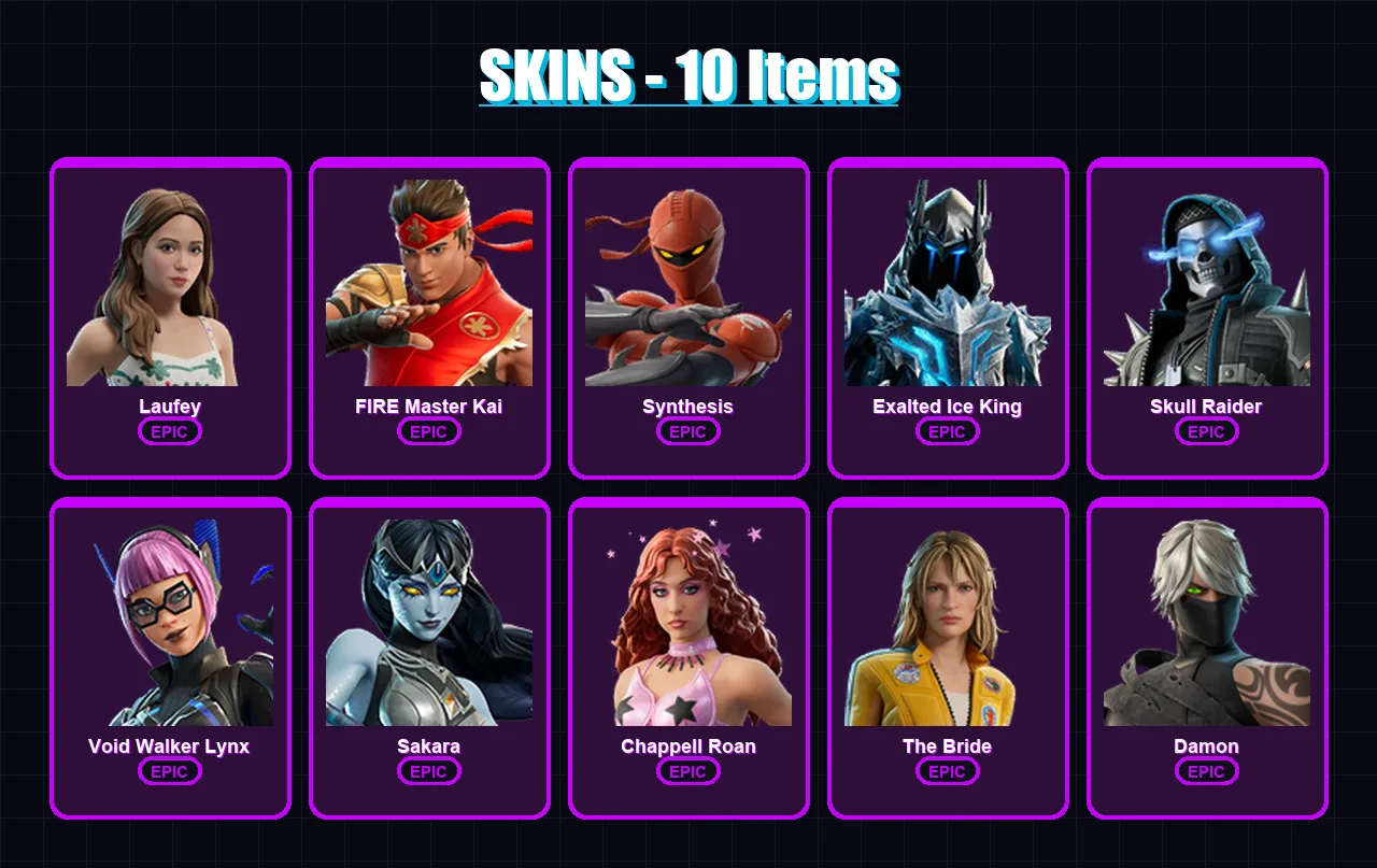 [PC/PSN] | Laufey | FIRE Master Kai | Synthesis | Exalted Ice King | Skull Raider | 10 skin | 7 pickaxe | 3 emote | 1 glider | Lv12