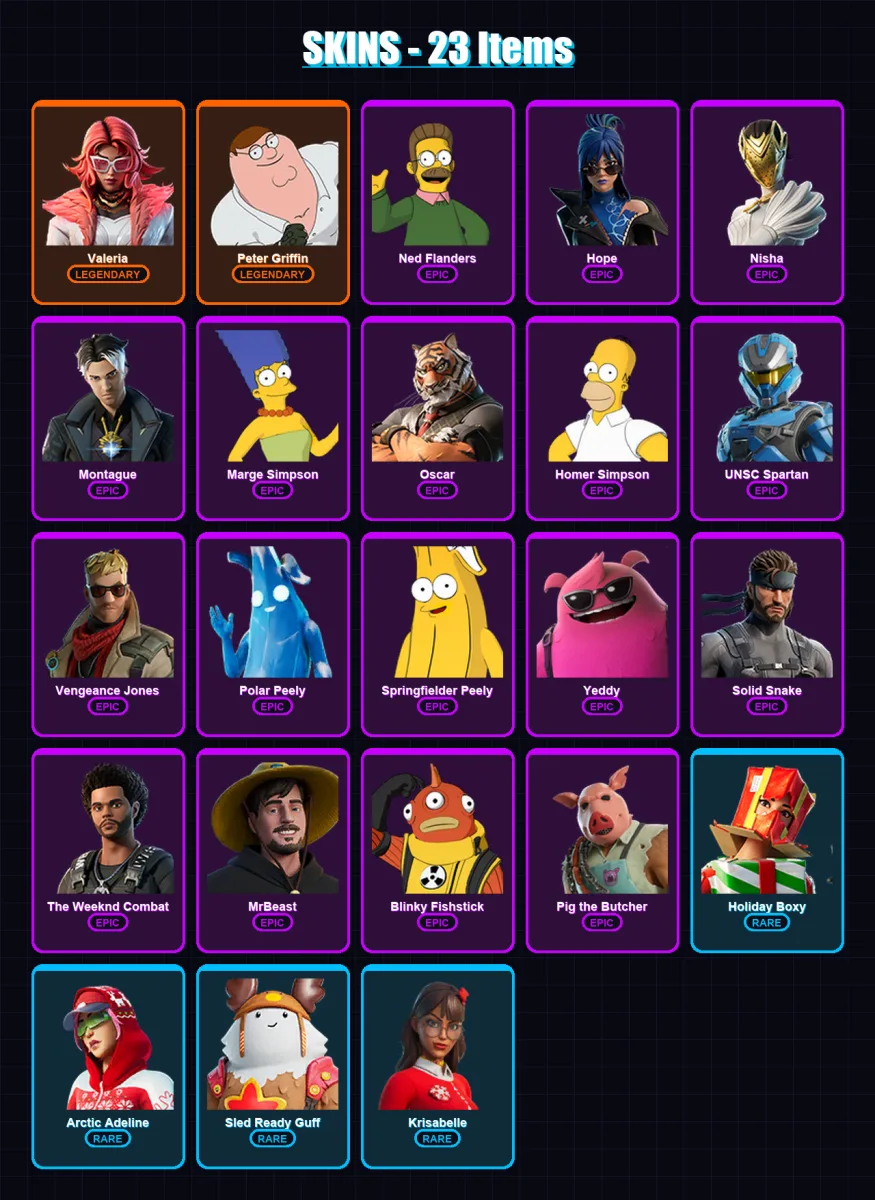 [PC/PSN] | Valeria | Peter Griffin | Ned Flanders | Hope | Nisha | 23 skin | 57 pickaxe | 58 emote | 52 glider | Lv951
