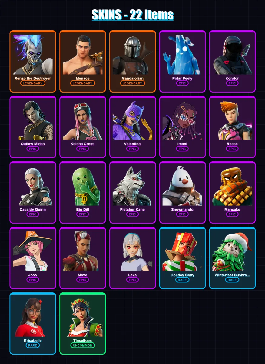 [PC/PSN] | Renzo the Destroyer | Menace | Mandalorian | Polar Peely | Kondor | 22 skin | 56 pickaxe | 38 emote | 42 glider | Lv733 — Fortnite account