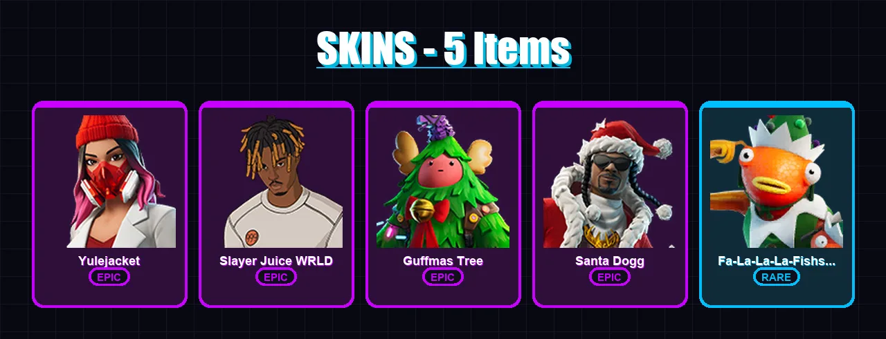 [PC/XBOX/PSN] | Yulejacket | Slayer Juice WRLD | Guffmas Tree | Santa Dogg | Fa-La-La-La-Fishstick | 5 skin | 12 pickaxe | 4 emote | 8 glider | Lv65