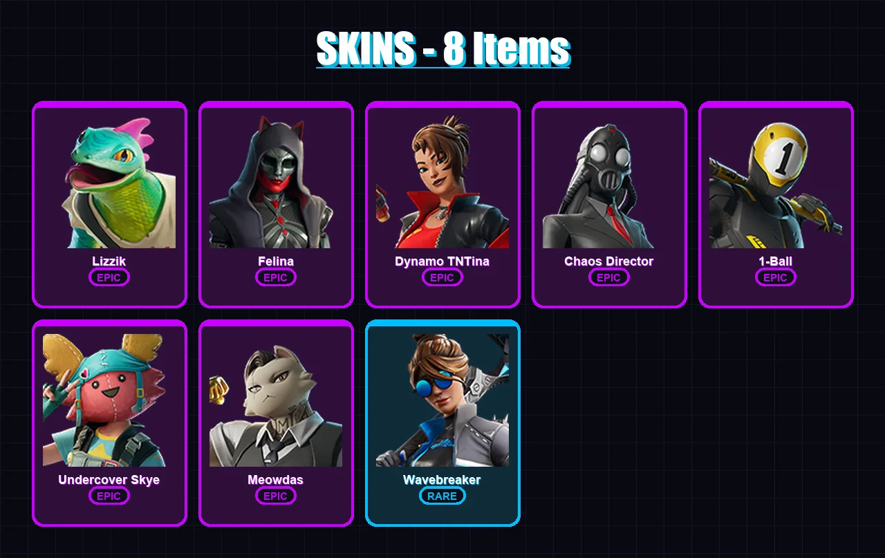 [PC/XBOX/PSN] | Lizzik | Felina | Dynamo TNTina | Chaos Director | 1-Ball | 8 skin | 22 pickaxe | 11 emote | 15 glider | Lv293