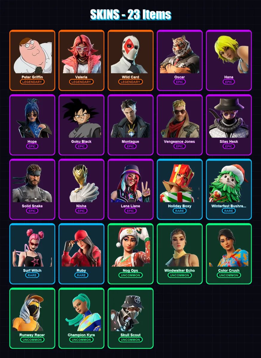 [PC/XBOX/PSN] | Peter Griffin | Valeria | Wild Card | Oscar | Hana | 23 skin | 23 pickaxe | 19 emote | 15 glider | Lv243