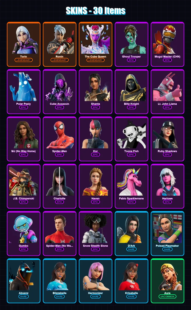 [PC/XBOX/PSN] | Torin | Ronin | The Cube Queen | Ghoul Trooper | Mogul Master (CHN) | 30 skin | 38 pickaxe | 21 emote | 28 glider | Lv384