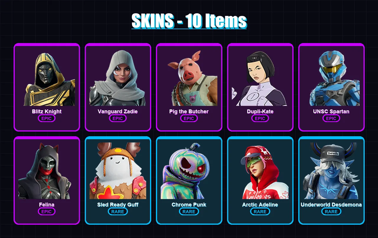 [PC/XBOX/PSN] | Blitz Knight | Vanguard Zadie | Pig the Butcher | Dupli-Kate | UNSC Spartan | 10 skin | 93 pickaxe | 54 emote | 69 glider | Lv2522