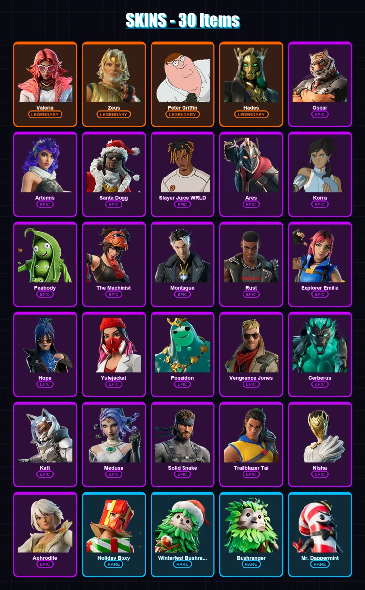 [PC/PSN] | Valeria | Zeus | Peter Griffin | Hades | Oscar | 30 skin | 49 pickaxe | 38 emote | 43 glider | Lv544 — Fortnite account