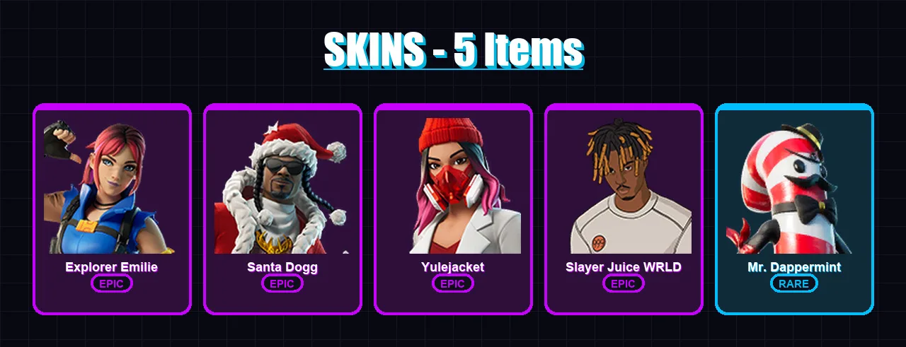 [PC/XBOX/PSN] | Explorer Emilie | Santa Dogg | Yulejacket | Slayer Juice WRLD | Mr. Dappermint | 5 skin | 15 pickaxe | 6 emote | 10 glider | Lv99