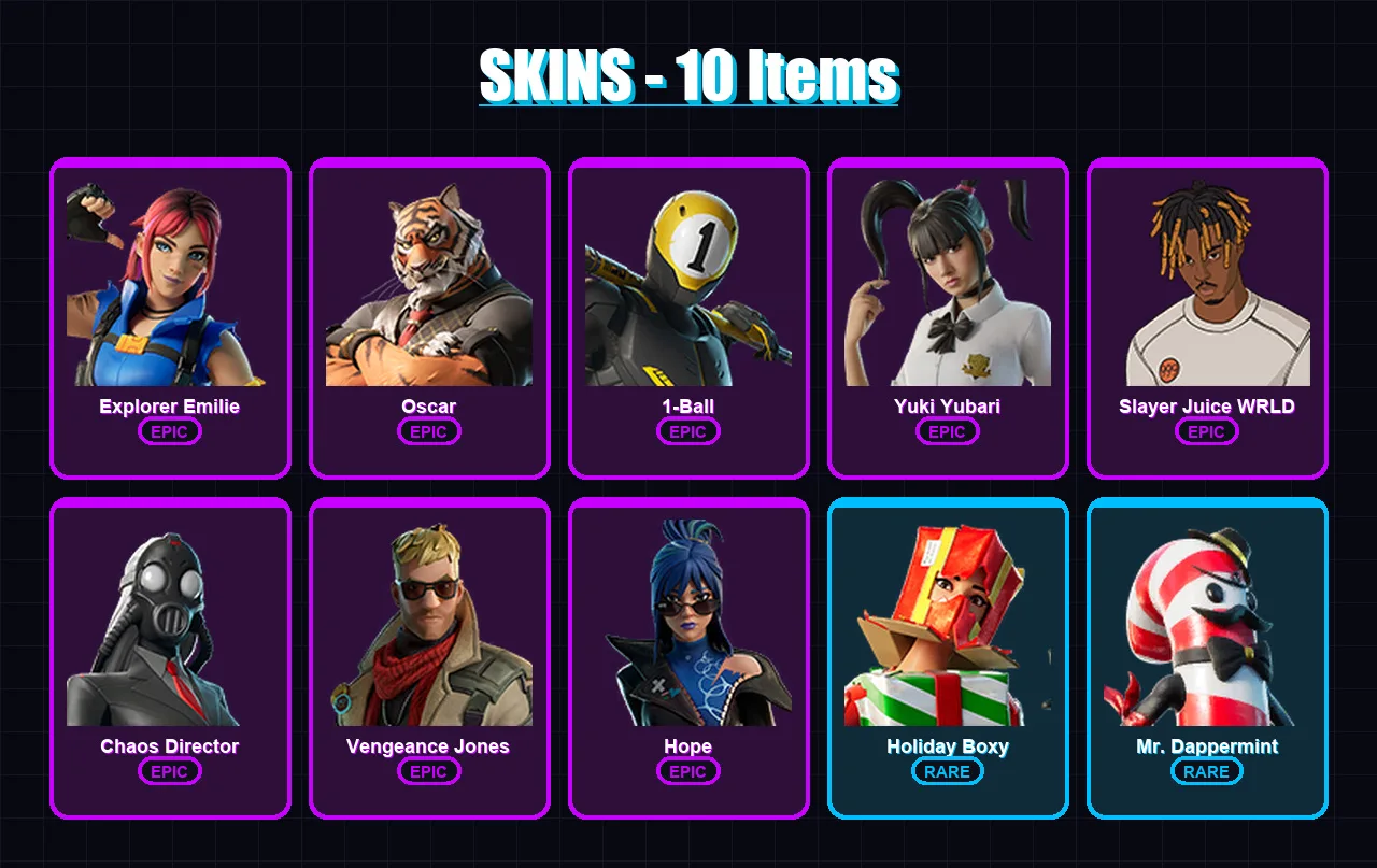 [PC/PSN] | Explorer Emilie | Oscar | 1-Ball | Yuki Yubari | Slayer Juice WRLD | 10 skin | 33 pickaxe | 12 emote | 19 glider | Lv302