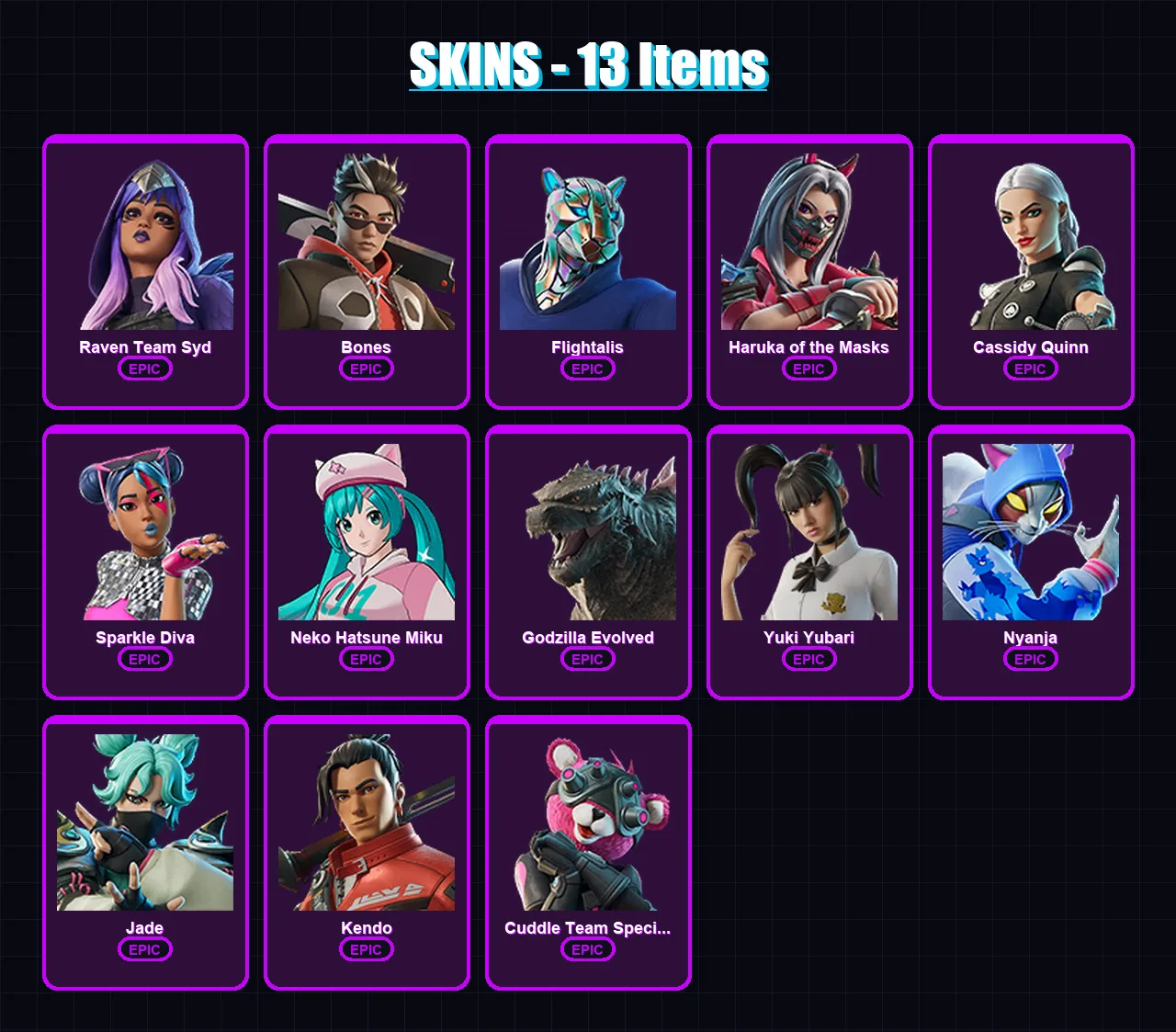 [PC/XBOX/PSN] | Raven Team Syd | Bones | Flightalis | Haruka of the Masks | Cassidy Quinn | 13 skin | 20 pickaxe | 16 emote | 12 glider | Lv103