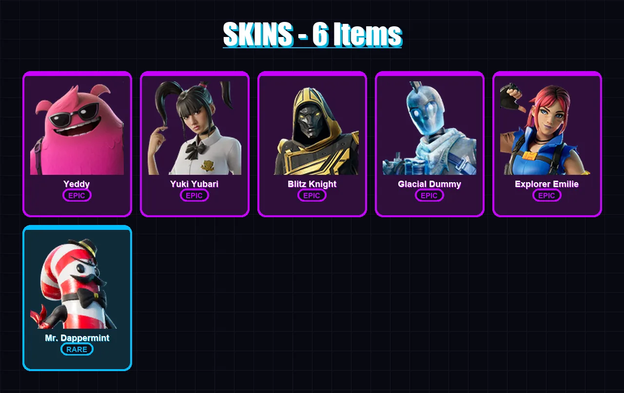 [PS4/PS5/XBOX/PC] | Yeddy | Yuki Yubari | Blitz Knight | Glacial Dummy | Explorer Emilie | 6 skin | 40 pickaxe | 14 emote | 21 glider | Lv250