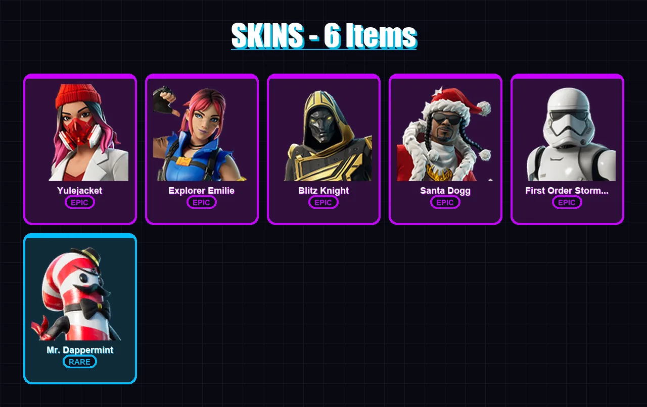[PC/XBOX] | Yulejacket | Explorer Emilie | Blitz Knight | Santa Dogg | First Order Stormtrooper | 6 skin | 28 pickaxe | 8 emote | 21 glider | Lv205
