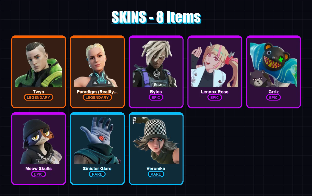 [PC/XBOX/PSN] | Twyn | Paradigm (Reality-659) | Bytes | Lennox Rose | Grriz | 8 skin | 16 pickaxe | 11 emote | 17 glider | Lv219