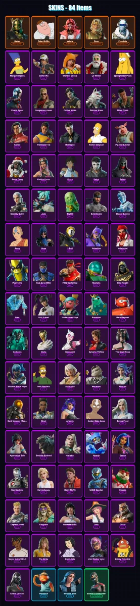 [PC/XBOX/PSN] | Hades | Peter Griffin | Valeria | Zeus | Frostbite | 84 skin | 134 pickaxe | 96 emote | 96 glider | Lv1881