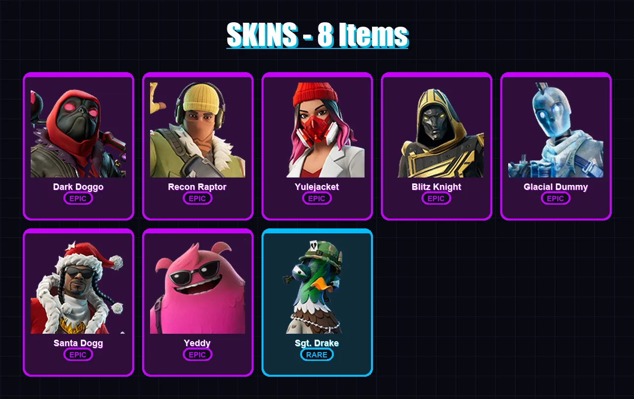 [PC/PSN] | Dark Doggo | Recon Raptor | Yulejacket | Blitz Knight | Glacial Dummy | 8 skin | 53 pickaxe | 25 emote | 37 glider | Lv396