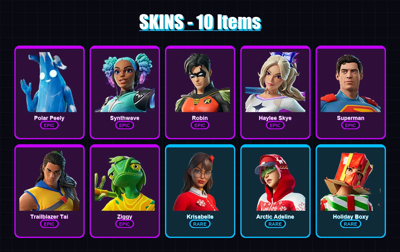 [PC/PSN] | Polar Peely | Synthwave | Robin | Haylee Skye | Superman | 10 skin | 23 pickaxe | 19 emote | 20 glider | Lv252