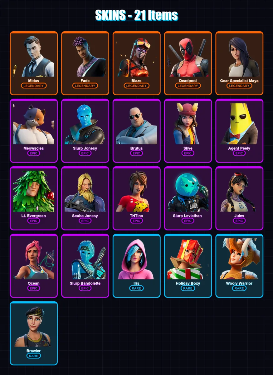 [SWITCH/XBOX/PSN/PC] | Midas | Fade | Blaze | Deadpool | Gear Specialist Maya | 21 skin | 18 pickaxe | 28 emote | 22 glider | Lv272