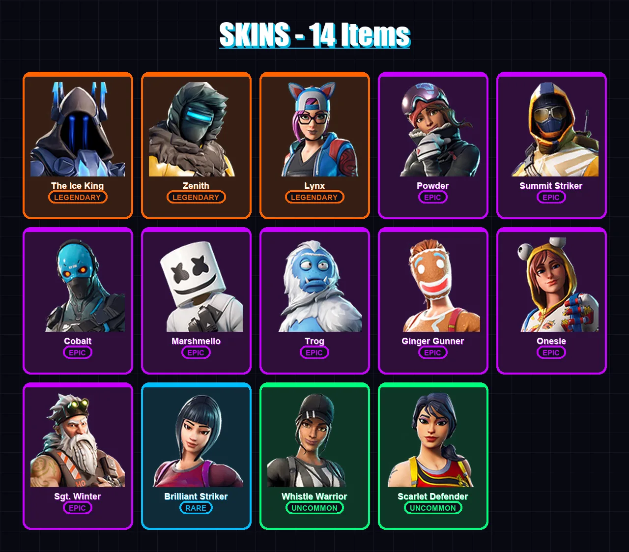 [PC/XBOX/PSN] | The Ice King | Zenith | Lynx | Powder | Summit Striker | 14 skin | 10 pickaxe | 20 emote | 12 glider | Lv151