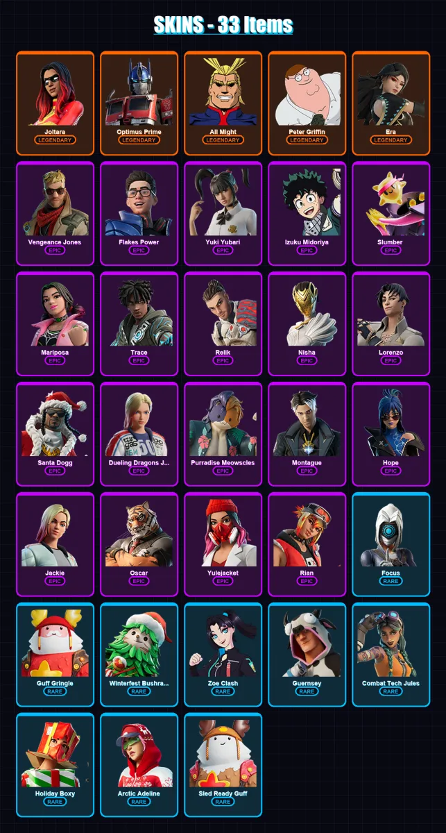 [PC/XBOX/PSN] | Joltara | Optimus Prime | All Might | Peter Griffin | Era | 33 skin | 63 pickaxe | 44 emote | 48 glider | Lv562