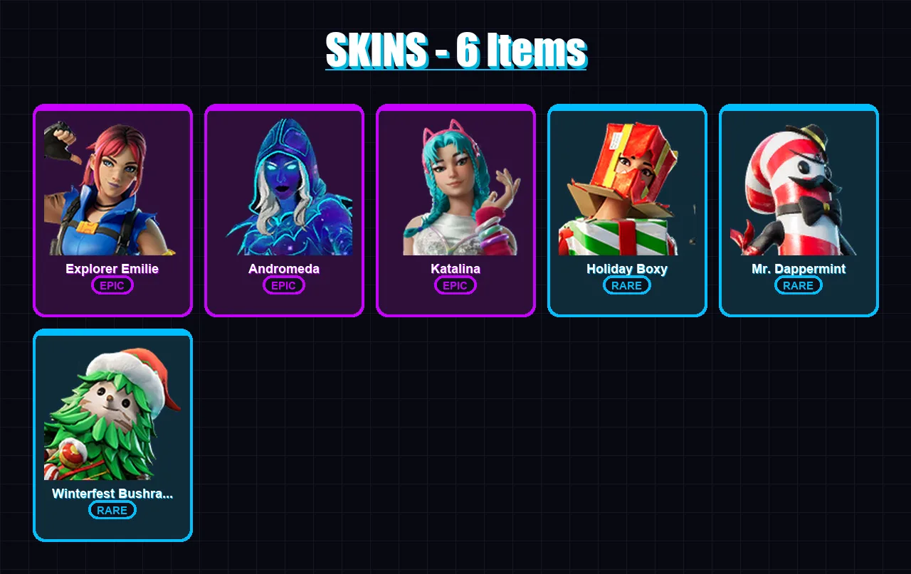 [PC/XBOX/PSN] | Explorer Emilie | Andromeda | Katalina | Holiday Boxy | Mr. Dappermint | 6 skin | 6 pickaxe | 4 emote | 3 glider | Lv26