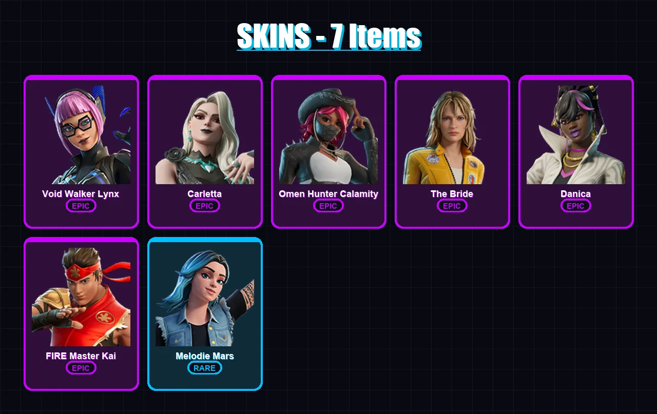 [PC/PSN] | Void Walker Lynx | Carletta | Omen Hunter Calamity | The Bride | Danica | 7 skin | 2 pickaxe | 2 emote | 1 glider | Lv9