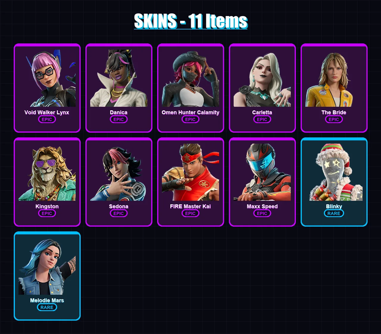 [PC/PSN] | Void Walker Lynx | Danica | Omen Hunter Calamity | Carletta | The Bride | 11 skin | 16 pickaxe | 6 emote | 9 glider | Lv49