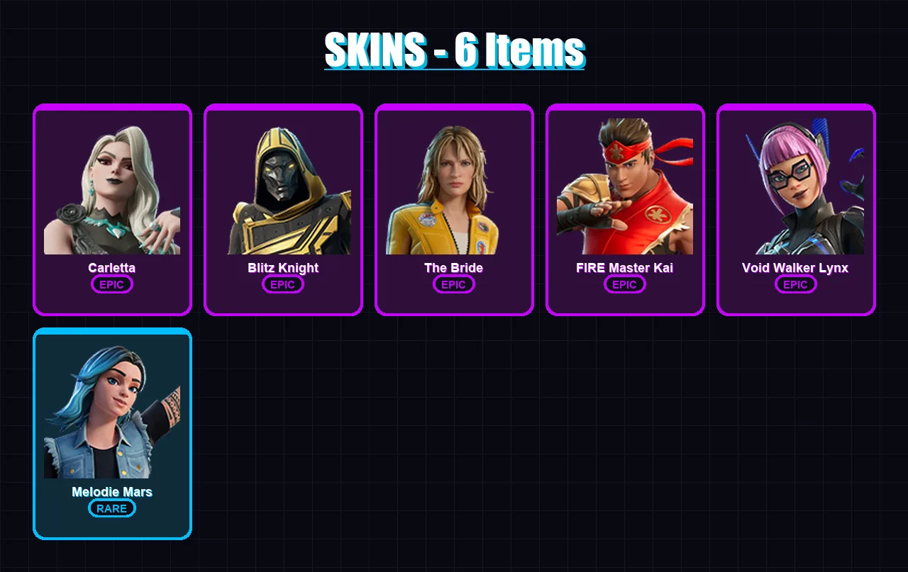 [PC/PSN] | Carletta | Blitz Knight | The Bride | FIRE Master Kai | Void Walker Lynx | 6 skin | 21 pickaxe | 9 emote | 15 glider | Lv180