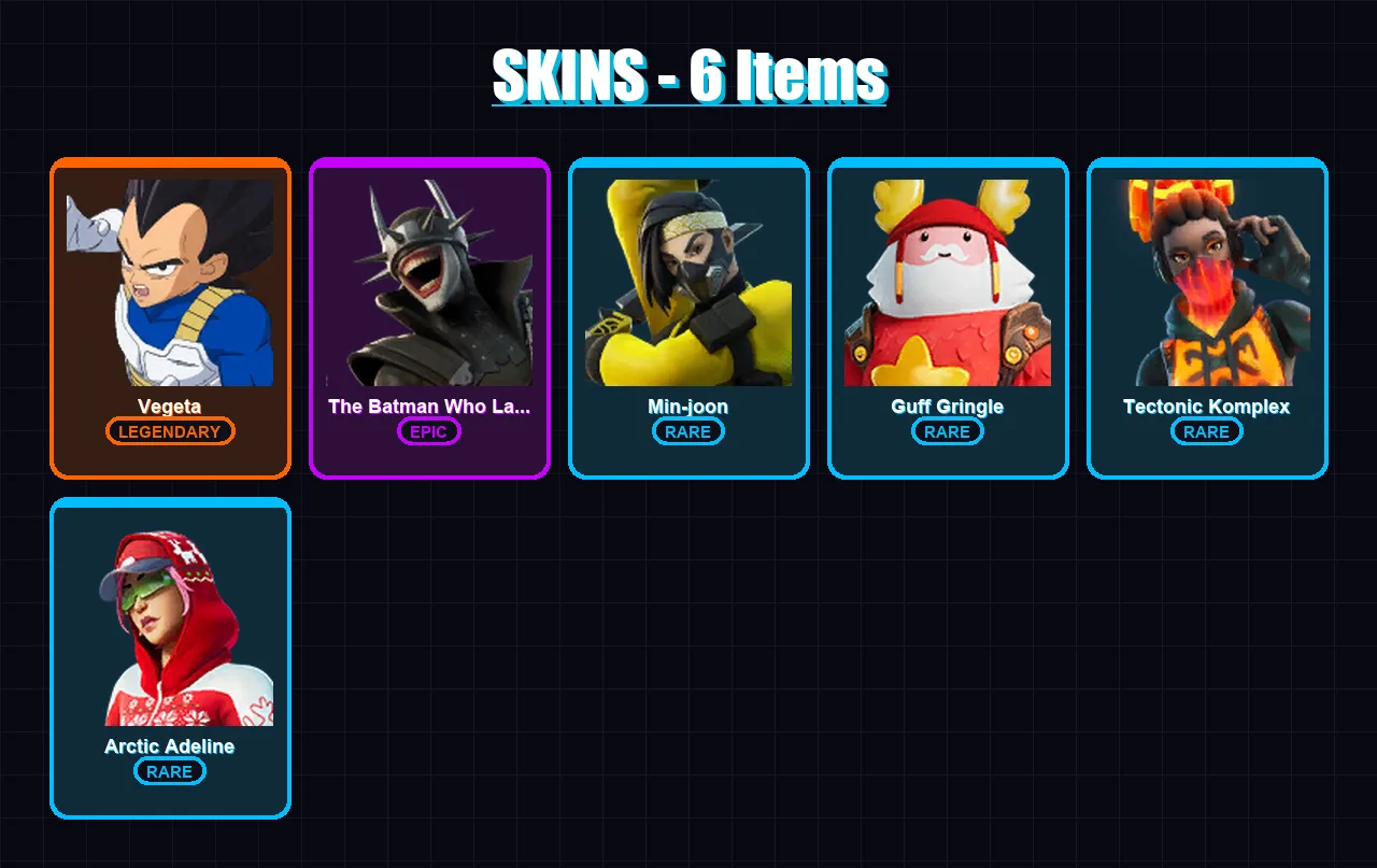 [PC/XBOX/PSN] | Vegeta | The Batman Who Laughs | Min-joon | Guff Gringle | Tectonic Komplex | 6 skin | 9 pickaxe | 7 emote | 11 glider | Lv72