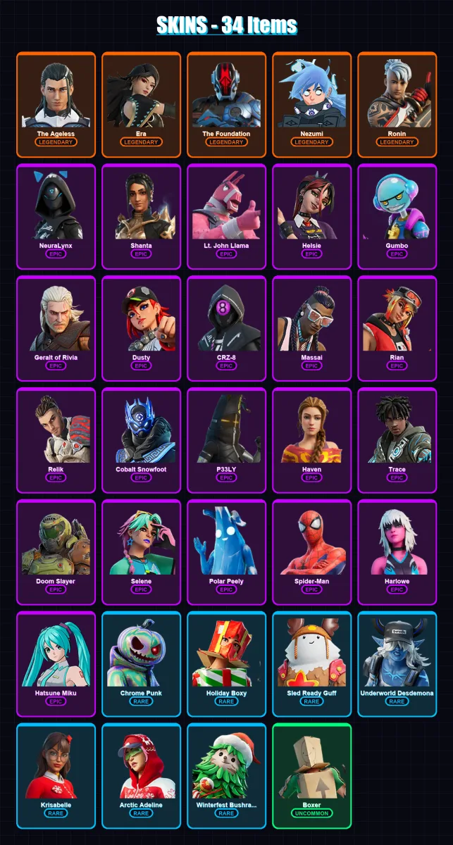 [SWITCH/XBOX/PC] | The Ageless | Era | The Foundation | Nezumi | Ronin | 34 skin | 49 pickaxe | 26 emote | 43 glider | Lv642