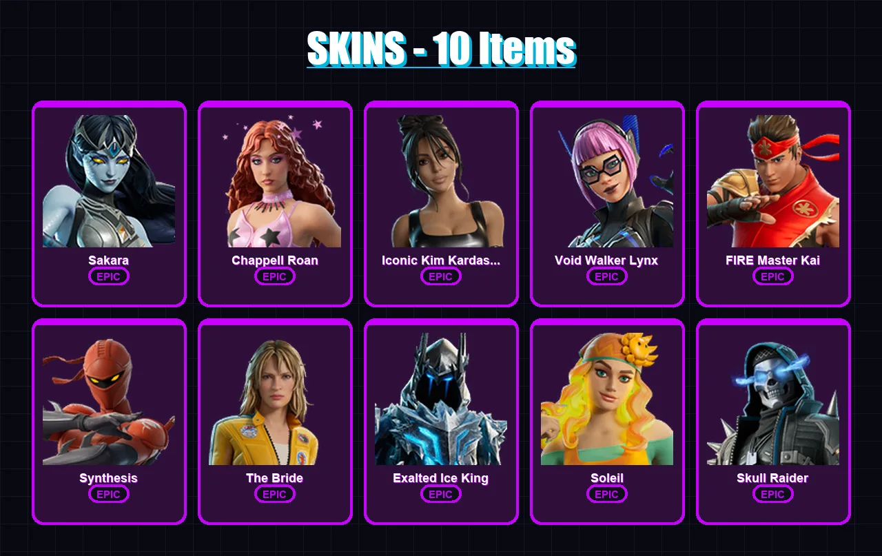 [PC/XBOX/PSN] | Sakara | Chappell Roan | Iconic Kim Kardashian | Void Walker Lynx | FIRE Master Kai | 10 skin | 6 pickaxe | 2 emote | 2 glider | Lv6 — Fortnite account