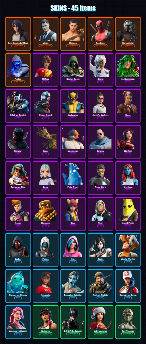 [PC/XBOX/PSN] | Gear Specialist Maya | Midas | Menace | Deadpool | Mandalorian | 45 skin | 51 pickaxe | 37 emote | 41 glider | Lv767
