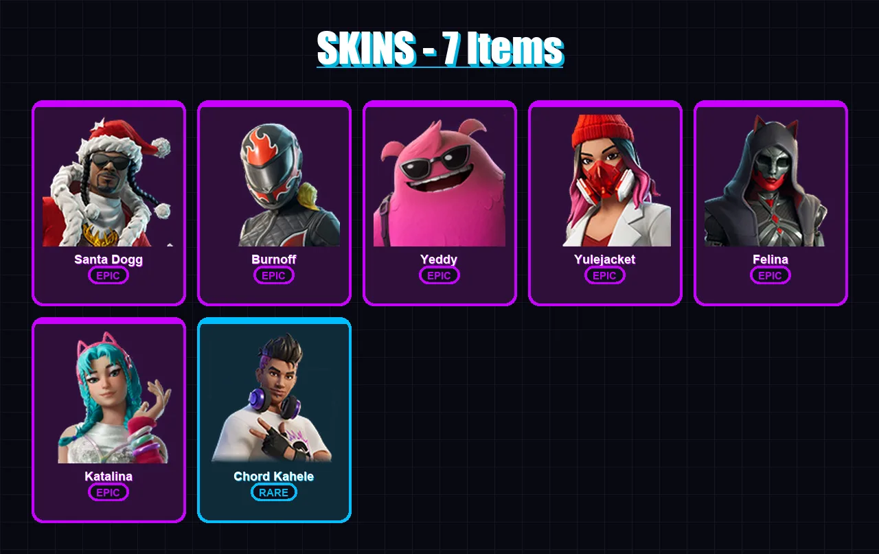 [PC/PSN] | Santa Dogg | Burnoff | Yeddy | Yulejacket | Felina | 7 skin | 34 pickaxe | 14 emote | 21 glider | Lv197