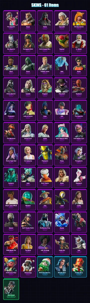 [PC] | The Operator | Oscar | Felina | Aphrodite | Wonder Onesie | 61 skin | 67 pickaxe | 34 emote | 41 glider | Lv330 — Fortnite account