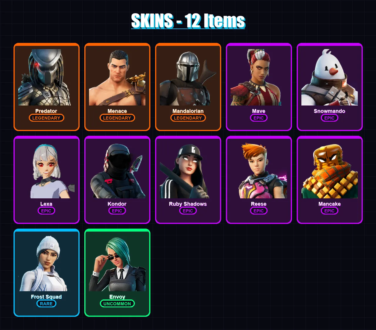 [PC/XBOX/PSN] | Predator | Menace | Mandalorian | Mave | Snowmando | 12 skin | 21 pickaxe | 20 emote | 16 glider | Lv350