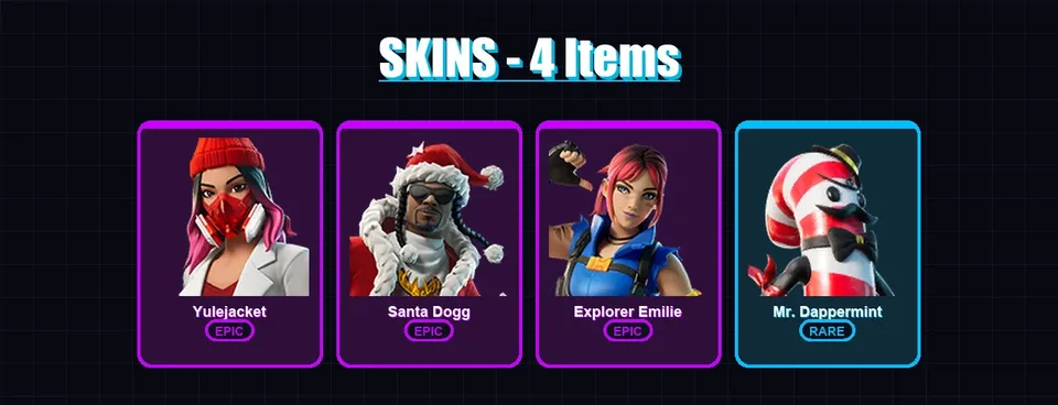 [PC/XBOX/PSN] | Yulejacket | Santa Dogg | Explorer Emilie | Mr. Dappermint | 4 skin | 2 pickaxe | 2 emote | 1 glider | #04280 — main preview