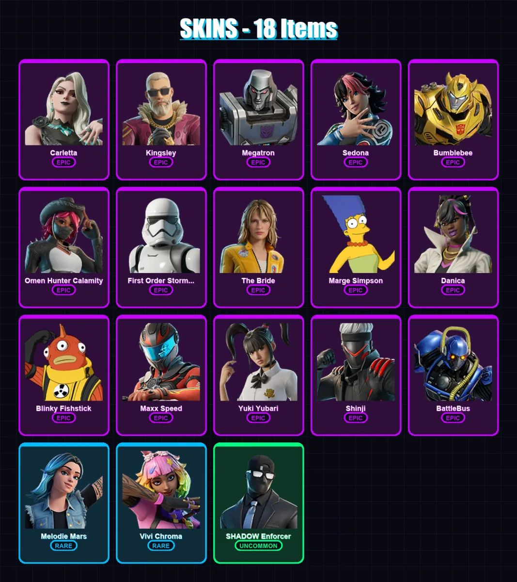 [PS4/PS5/XBOX/PC] | Carletta | Kingsley | Megatron | Sedona | Bumblebee | 18 skin | 31 pickaxe | 15 emote | 15 glider | Lv122
