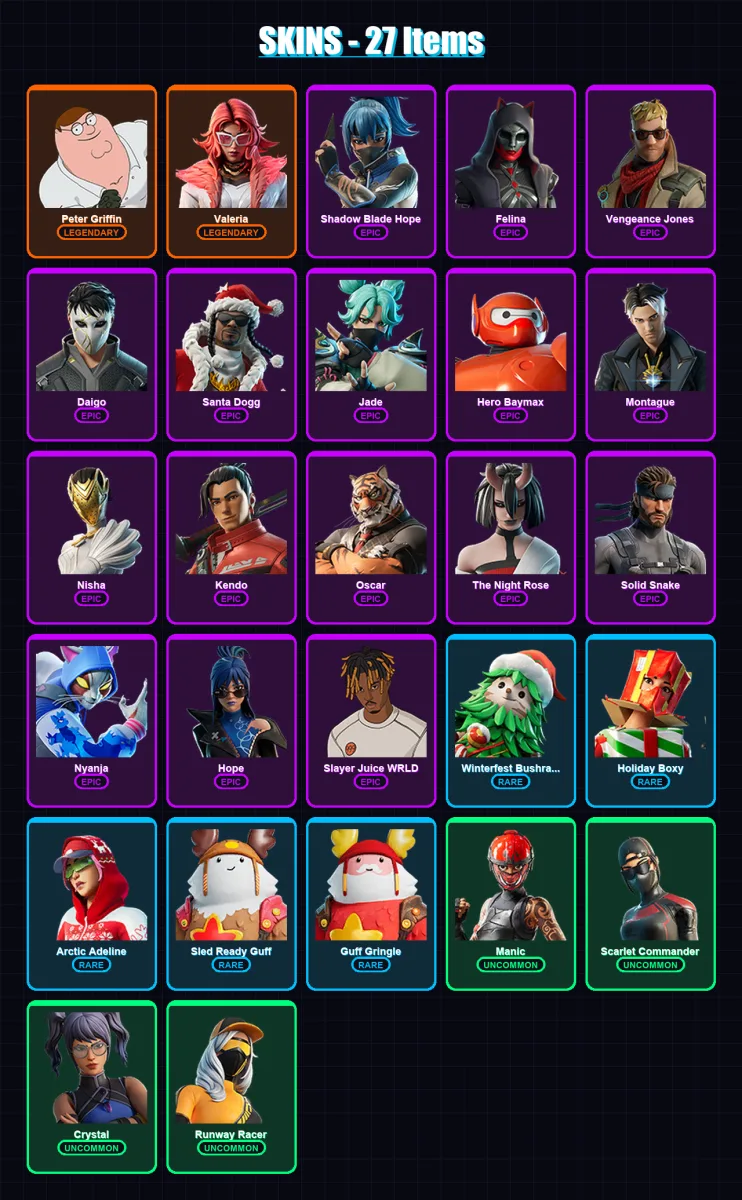 [PC/XBOX/PSN] | Peter Griffin | Valeria | Shadow Blade Hope | Felina | Vengeance Jones | 27 skin | 47 pickaxe | 34 emote | 43 glider | Lv621