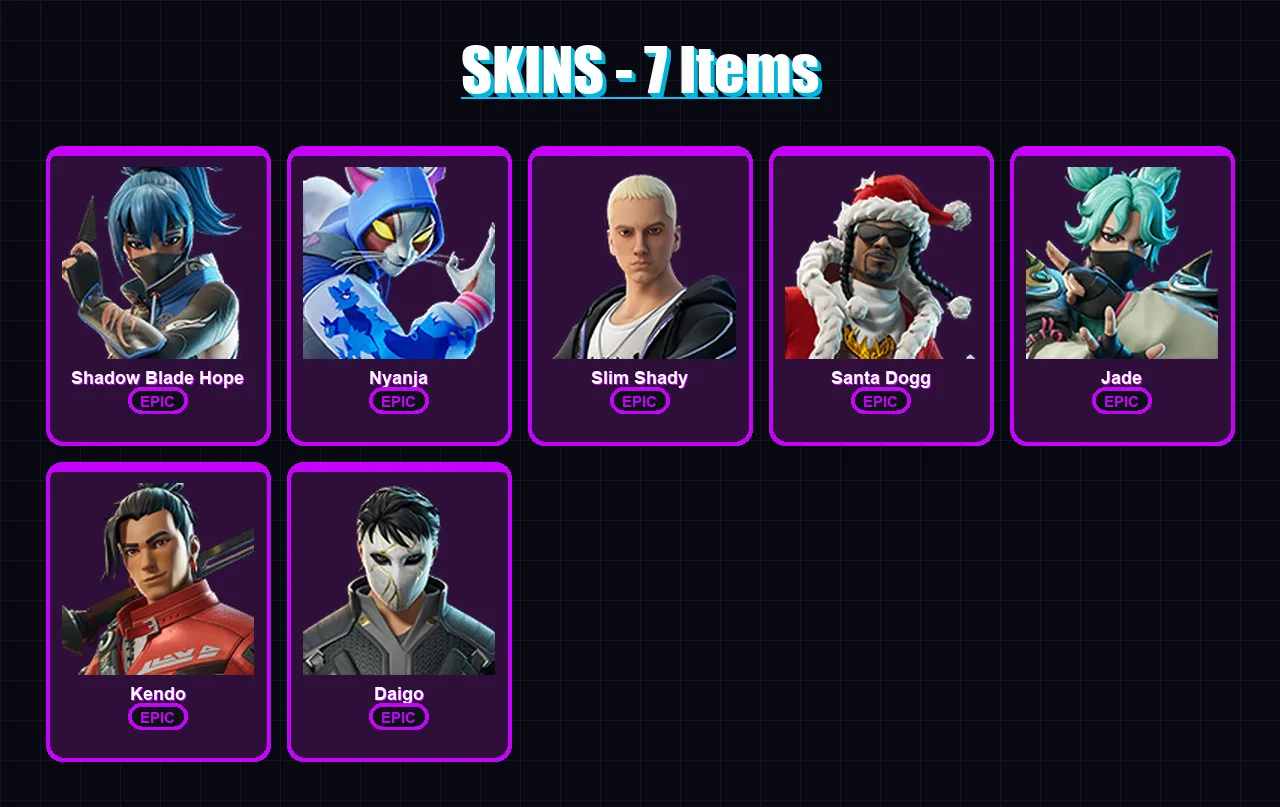 [PC/XBOX/PSN] | Shadow Blade Hope | Nyanja | Slim Shady | Santa Dogg | Jade | 7 skin | 11 pickaxe | 11 emote | 8 glider | Lv44