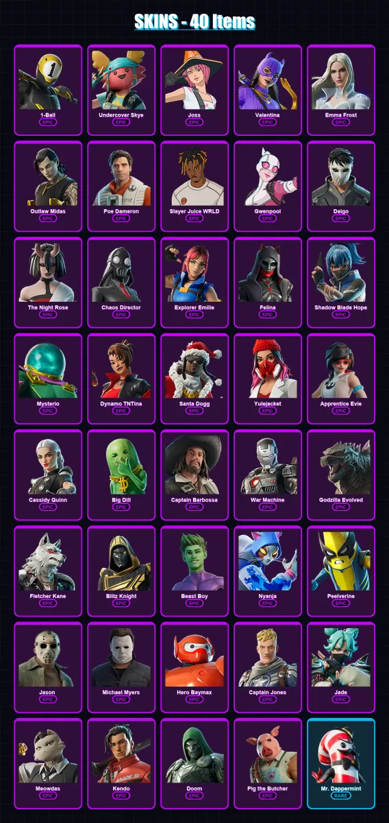 [PS4/PS5/PC] | 1-Ball | Undercover Skye | Joss | Valentina | Emma Frost | 40 skin | 100 pickaxe | 54 emote | 72 glider | Lv788