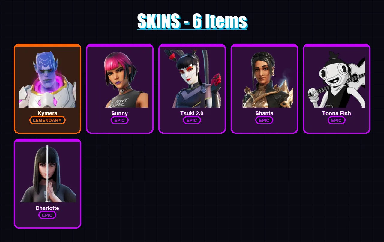 [SWITCH/XBOX/PSN/PC] | Kymera | Sunny | Tsuki 2.0 | Shanta | Toona Fish | 6 skin | 8 pickaxe | 5 emote | 7 glider | Lv69