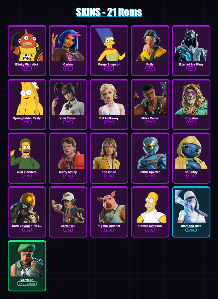[PC/XBOX/PSN] | Blinky Fishstick | Carina | Marge Simpson | Polly | Exalted Ice King | 21 skin | 48 pickaxe | 28 emote | 36 glider | Lv693 — Fortnite account