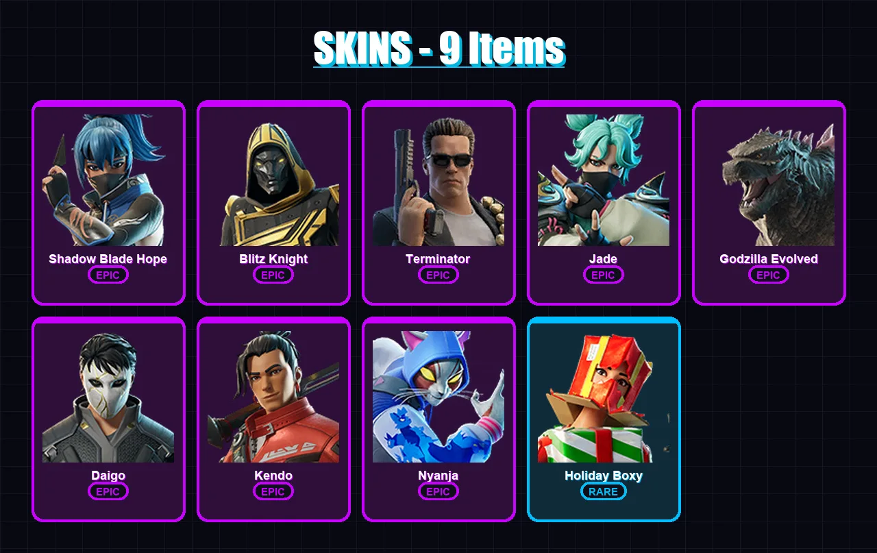 [PC/XBOX/PSN] | Shadow Blade Hope | Blitz Knight | Terminator | Jade | Godzilla Evolved | 9 skin | 20 pickaxe | 14 emote | 18 glider | Lv210