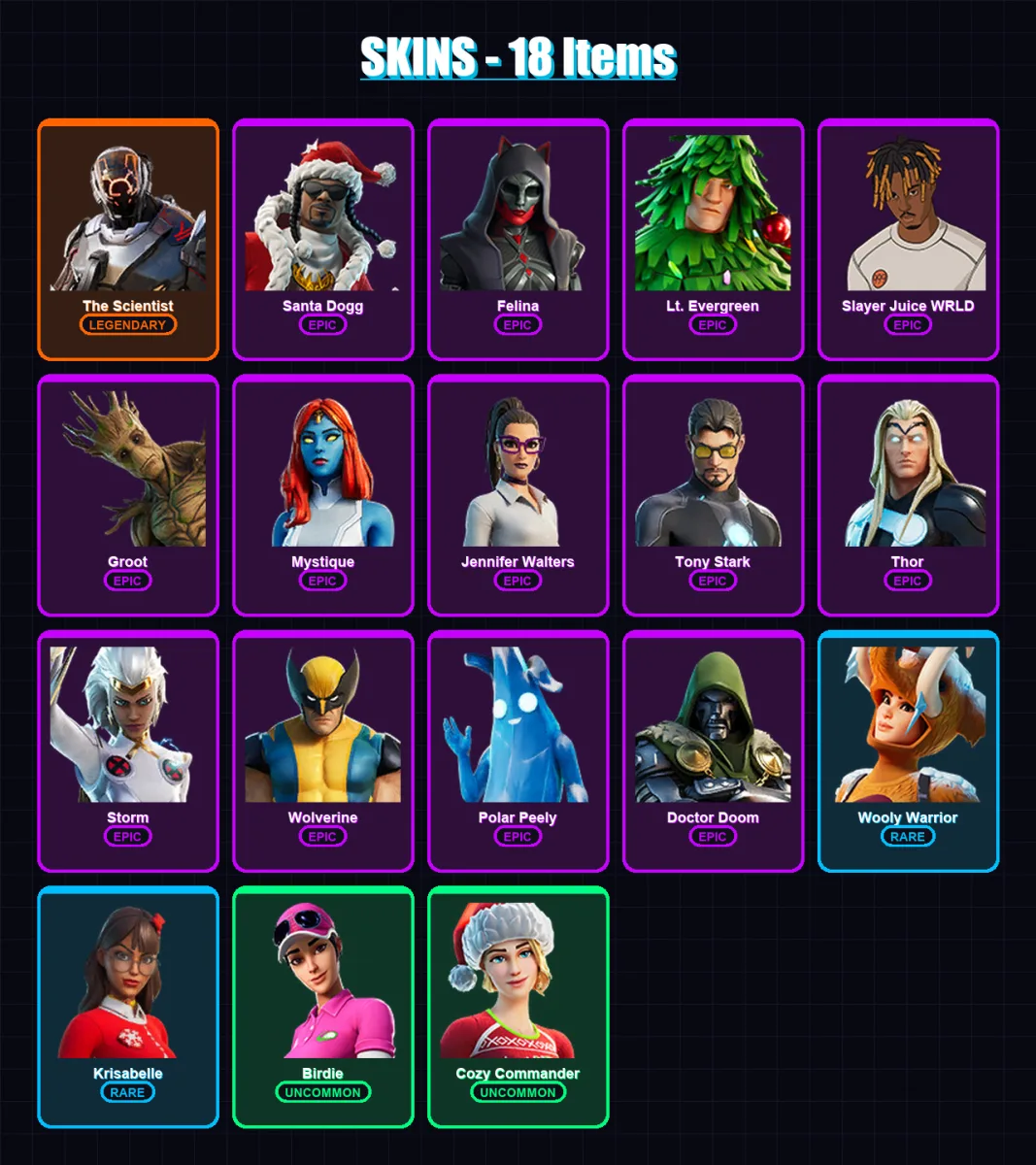 [PC/XBOX/PSN] | The Scientist | Santa Dogg | Felina | Lt. Evergreen | Slayer Juice WRLD | 18 skin | 69 pickaxe | 41 emote | 61 glider | Lv1103