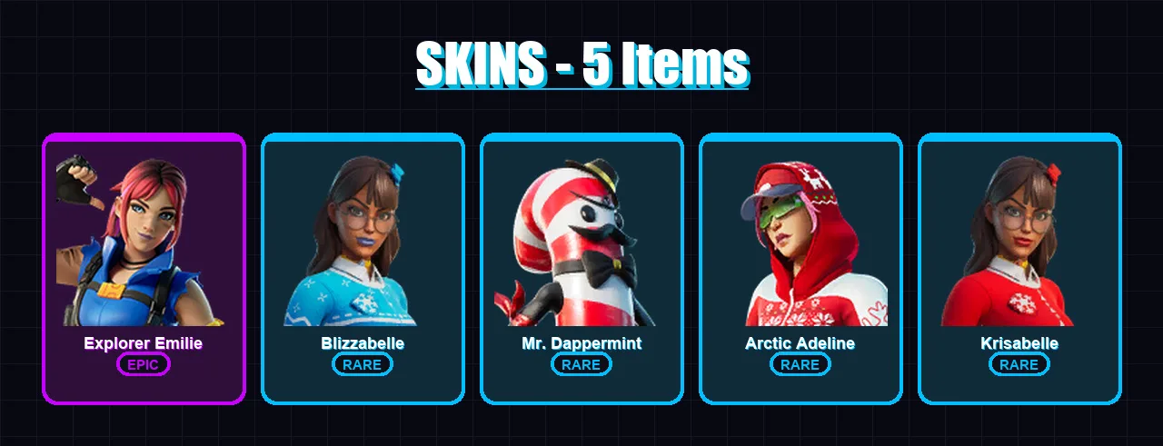 [PC/PSN] | Explorer Emilie | Blizzabelle | Mr. Dappermint | Arctic Adeline | Krisabelle | 5 skin | 6 pickaxe | 5 emote | 5 glider | Lv48