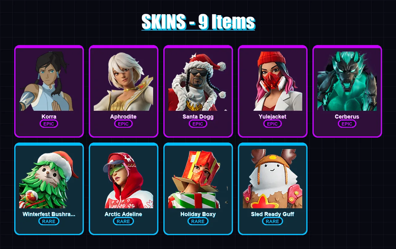 [PS4/PS5/XBOX/PC] | Korra | Aphrodite | Santa Dogg | Yulejacket | Cerberus | 9 skin | 28 pickaxe | 14 emote | 25 glider | Lv264