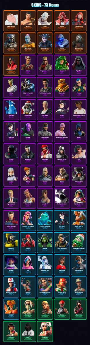 [PC/PSN] | Peter Griffin | Menace | Snap | Valeria | The Imagined | 73 skin | 68 pickaxe | 76 emote | 46 glider | Lv945